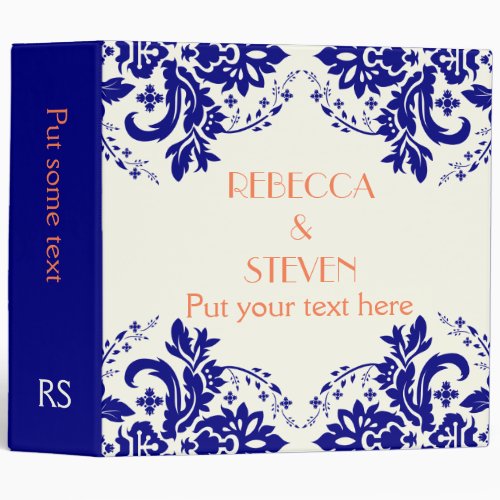 Damask navy blue coral ivory wedding planner binder