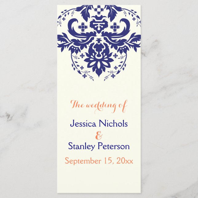 Damask navy blue, coral ivory wedding program (Front)
