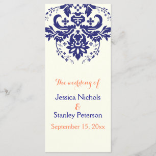 Damask navy blue, coral ivory wedding program