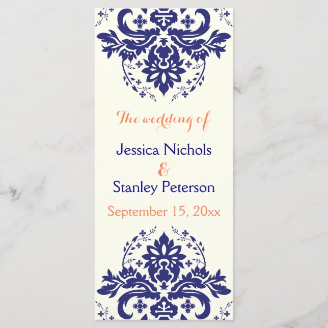 Damask navy blue, coral ivory wedding program (Front)