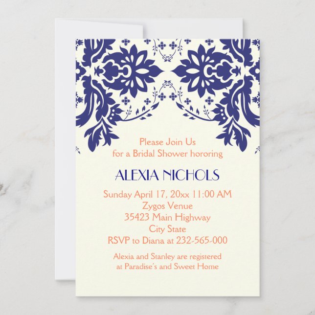 Damask navy blue, coral wedding bridal shower invitation (Front)