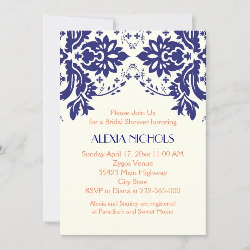Damask navy blue, coral wedding bridal shower custom invitation