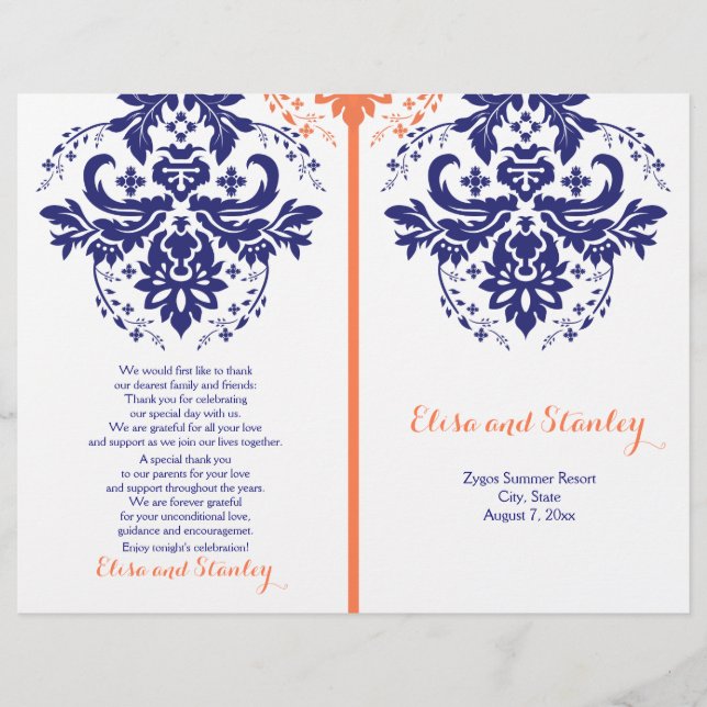Damask navy blue, coral wedding program (Front)