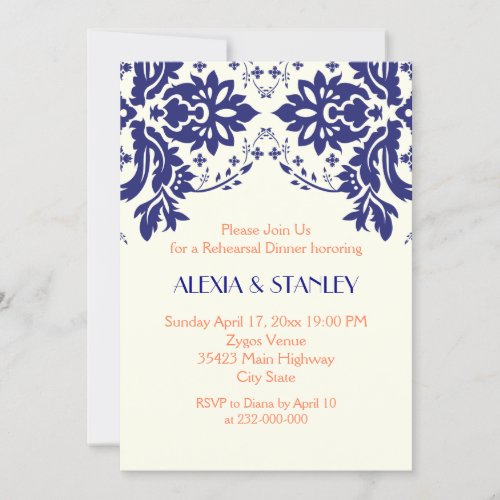 Damask navy blue, coral wedding rehearsal dinner custom announcement