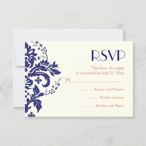 Damask navy blue, coral wedding RSVP reply card