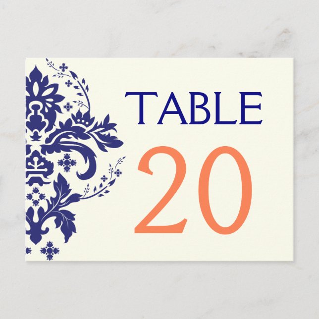 Damask navy blue, coral wedding table number (Front)