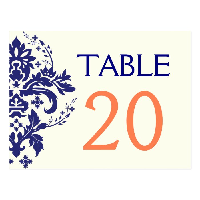 Damask navy blue, coral wedding table number post cards