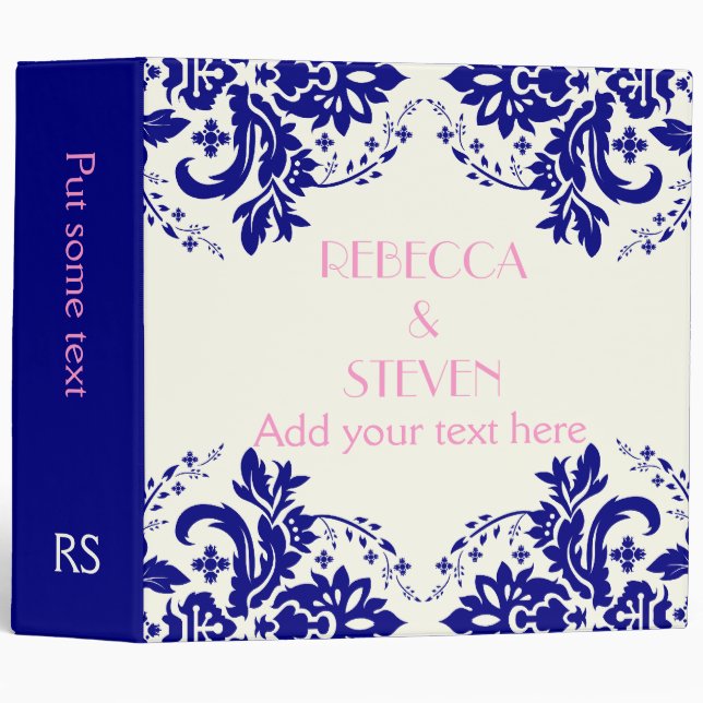 Damask navy blue, pink , ivory wedding planner 3 ring binder (Front/Spine)
