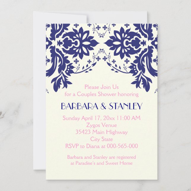 Damask navy blue, pink wedding couples shower invitation (Front)