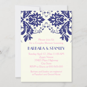 Damask navy blue, pink wedding couples shower invitation