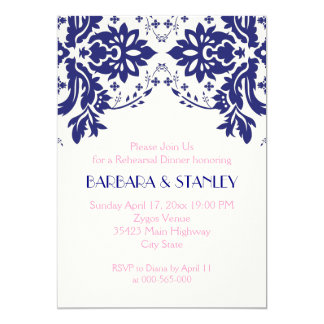 Damask navy blue, pink wedding rehearsal dinner card