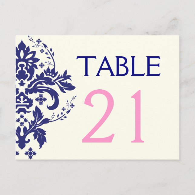 Damask navy blue, pink wedding table number (Front)