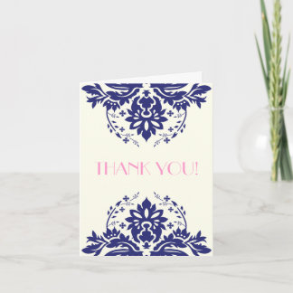 Damask navy blue, pink wedding Thank You Card