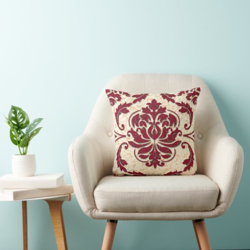 Damask, NOUVEAU PRINT in Burgundy and Gold Throw Pillow Zazzle