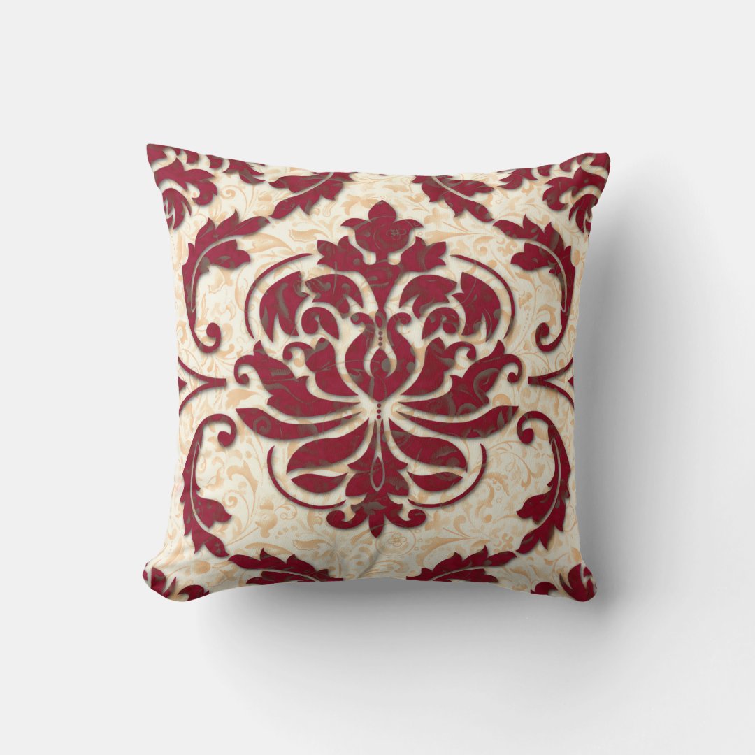 Damask, NOUVEAU PRINT in Burgundy and Gold Throw Pillow Zazzle
