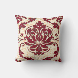 Damask, NOUVEAU PRINT in Burgundy and Gold Throw Pillow