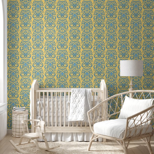 Damask old world cream yellow and teal blue wallpaper  (Kids)