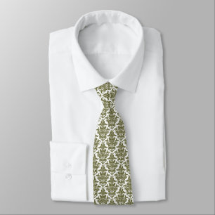Damask - Olive Drab on White Neck Tie