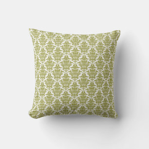 Damask - Olive Green on White Throw Pillow