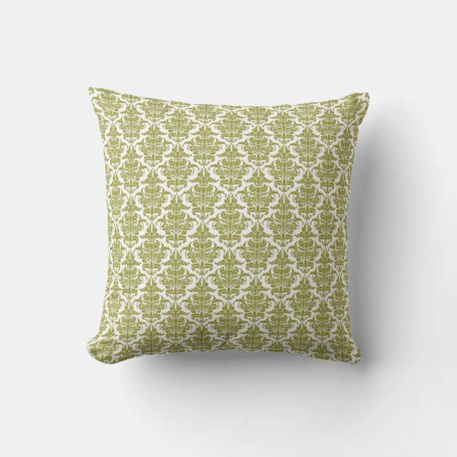 Damask - Olive Green on White Throw Pillow (Front)
