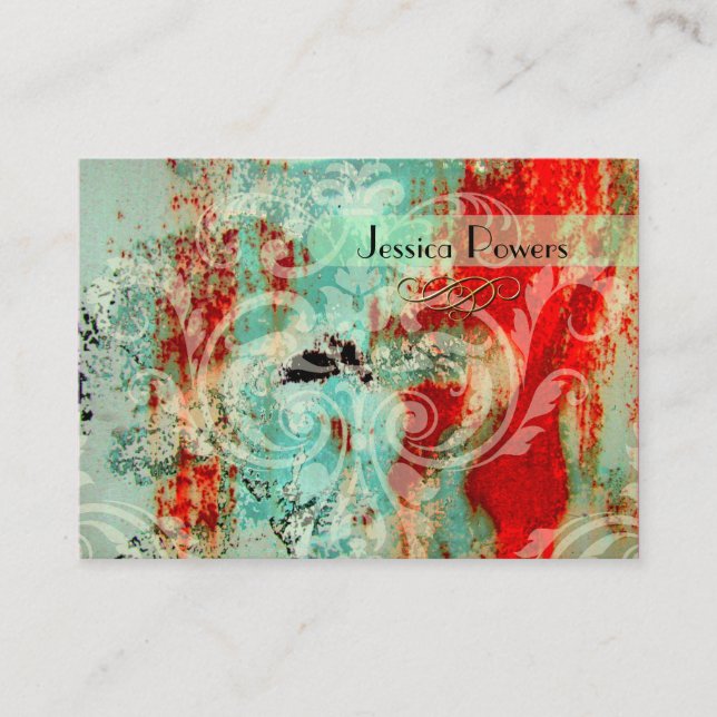 Damask on abstract template, teal crimson business card (Front)