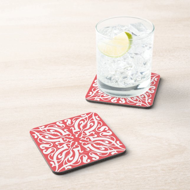 Damask on pink beverage coaster (Right Side)