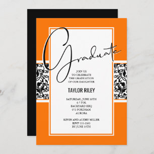 Damask Orange Black Graduation Party Invitation