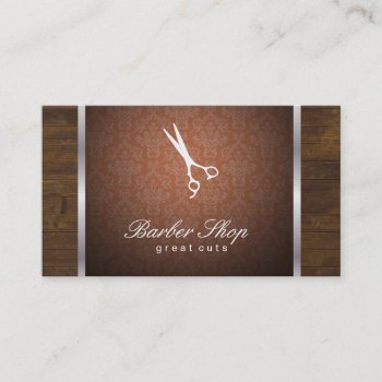 Damask Orange / Wood / Silver Trim Business Card by lovely_businesscards at Zazzle