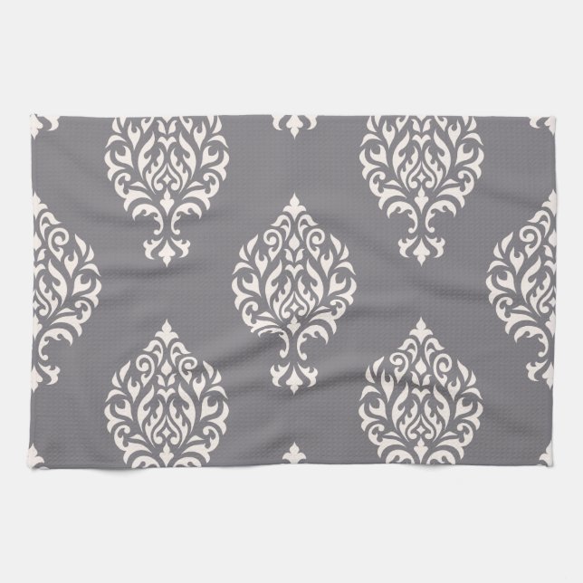 Damask Ornamental Big Pattern Cream on Grey Towel (Horizontal)