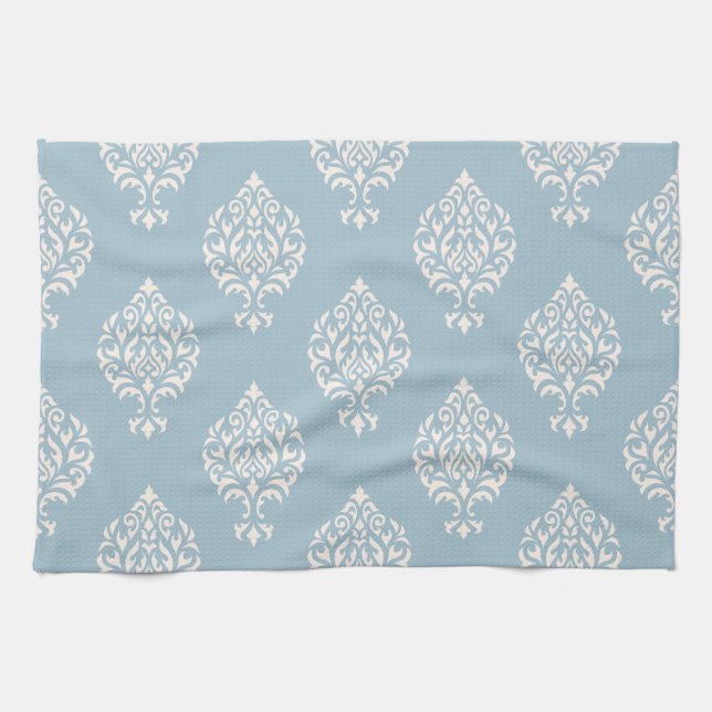 Damask Ornamental Pattern Cream on Blue Towel (Horizontal)