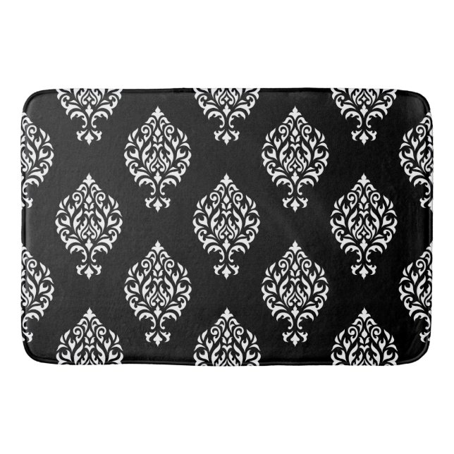 Damask Ornamental Pattern White on Black Bathroom Mat (Front)