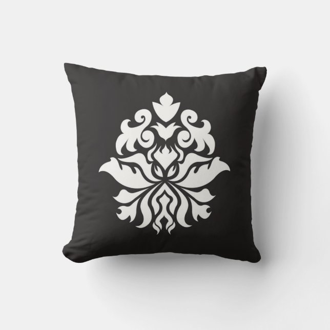 Damask Ornate Pattern - white on black Throw Pillow (Front)