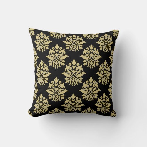 Damask Ornate Repeat Pattern _ Black  Gold I Throw Pillow