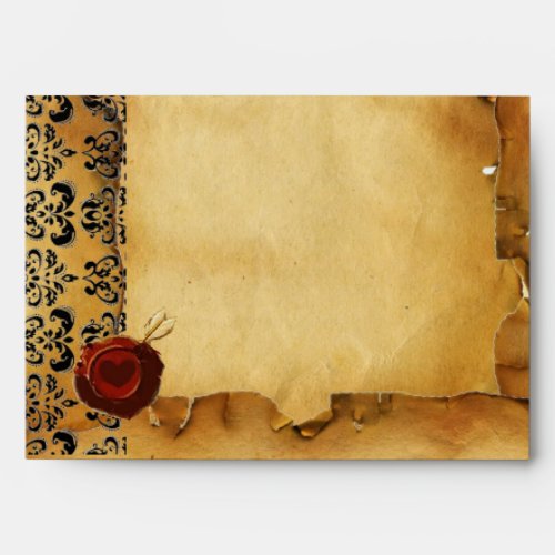 DAMASK PARCHMENT ANGEL HEART RED WAX SEAL ENVELOPE