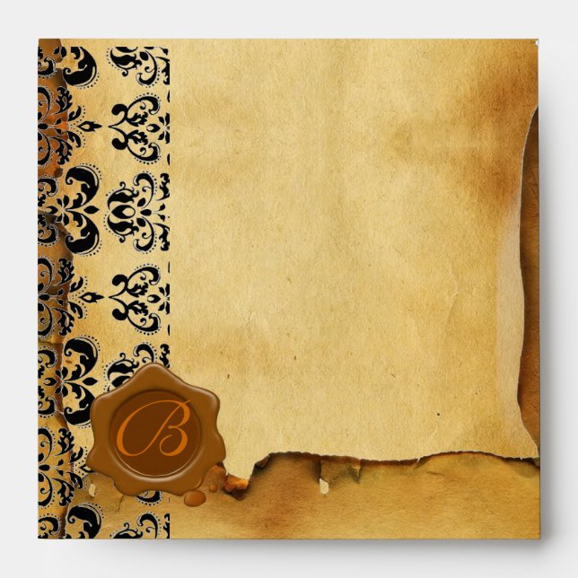 DAMASK PARCHMENT, BROWN WAX SEAL MONOGRAM ENVELOPE (Front)