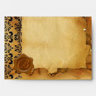 DAMASK PARCHMENT, RED WAX SEAL MONOGRAM ENVELOPE