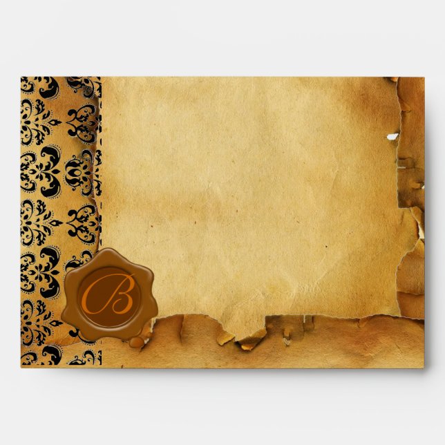 DAMASK PARCHMENT, RED WAX SEAL MONOGRAM ENVELOPE (Front)