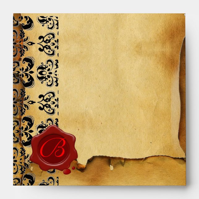 DAMASK PARCHMENT, RED WAX SEAL MONOGRAM ENVELOPE (Front)