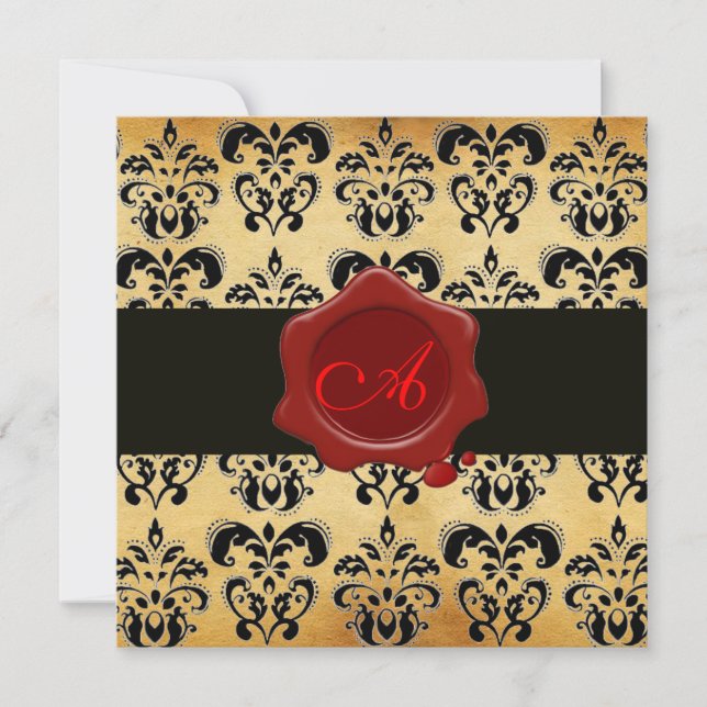 DAMASK PARCHMENT WAX SEAL MONOGRAM,black and brown Invitation (Front)