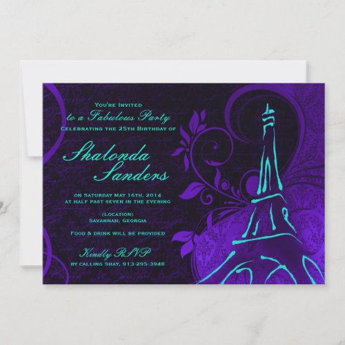 Damask Parisienne: Electric Teal &amp; Purple Birthday Invitations