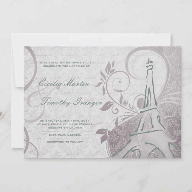 Damask Parisienne - Subtle Teal & Purple Wedding Invitation (Front)