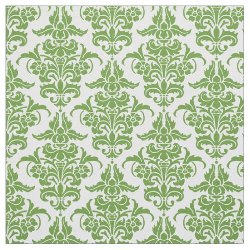 Damask Pattern _ Avocado Green on White Fabric