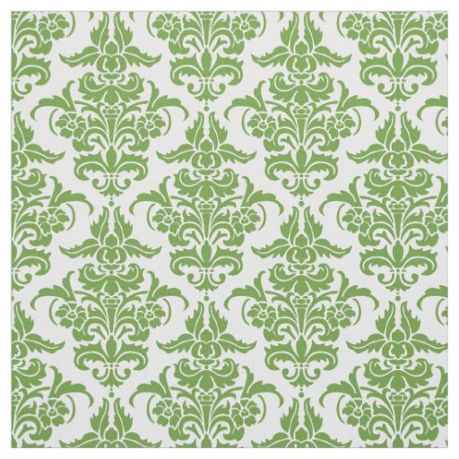 Damask Pattern - Avocado Green on White Fabric