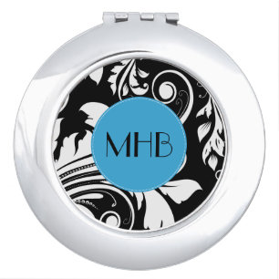 Damask Pattern, Black and White Damask, Monogram Compact Mirror