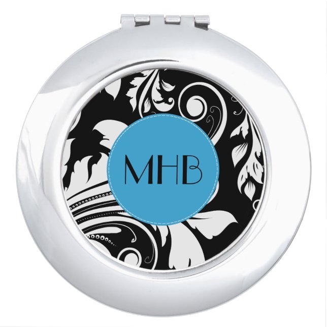 Damask Pattern, Black and White Damask, Monogram Compact Mirror (Front)