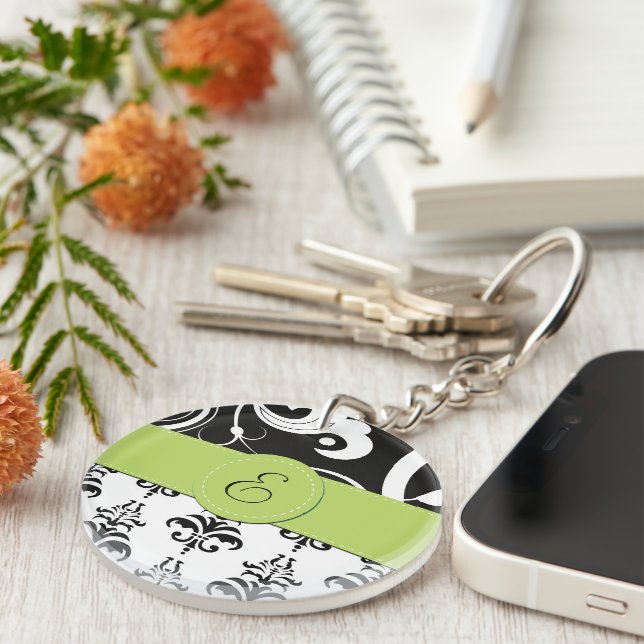 Damask Pattern, Black and White Damask, Monogram Keychain (Front Right)