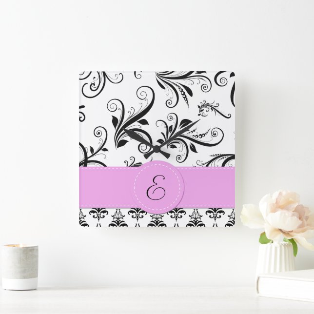 Damask Pattern, Black and White Damask, Monogram Square Wall Clock (Home)