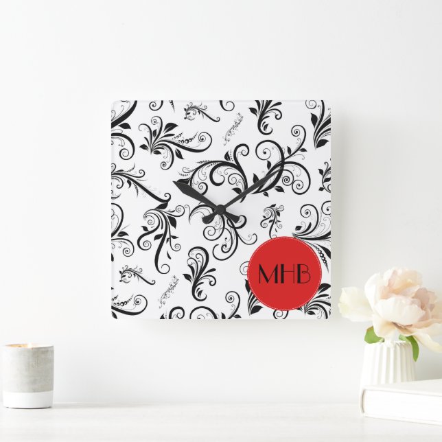 Damask Pattern, Black and White Damask, Monogram Square Wall Clock (Home)