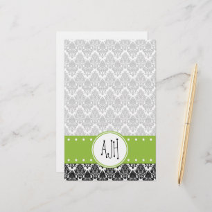 Damask Pattern, Black and White Damask, Monogram Stationery