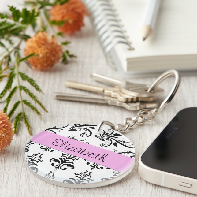 Damask Pattern, Black and White Damask, Your Name Keychain (Front Right)